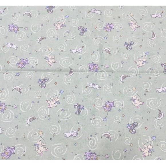 Vintage Green Nursery Fabric Whimsical Teddy Bear Moon 2 YD 42" - Picture 1 of 4